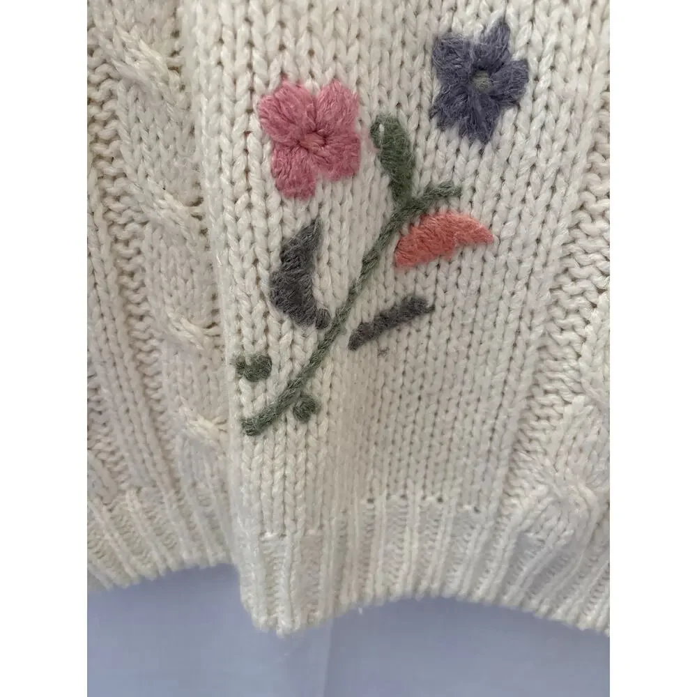 Jamie Scott Vintage Hand Knit Sweater Floral Cream Pullover Large 90s - Picture 4 of 5